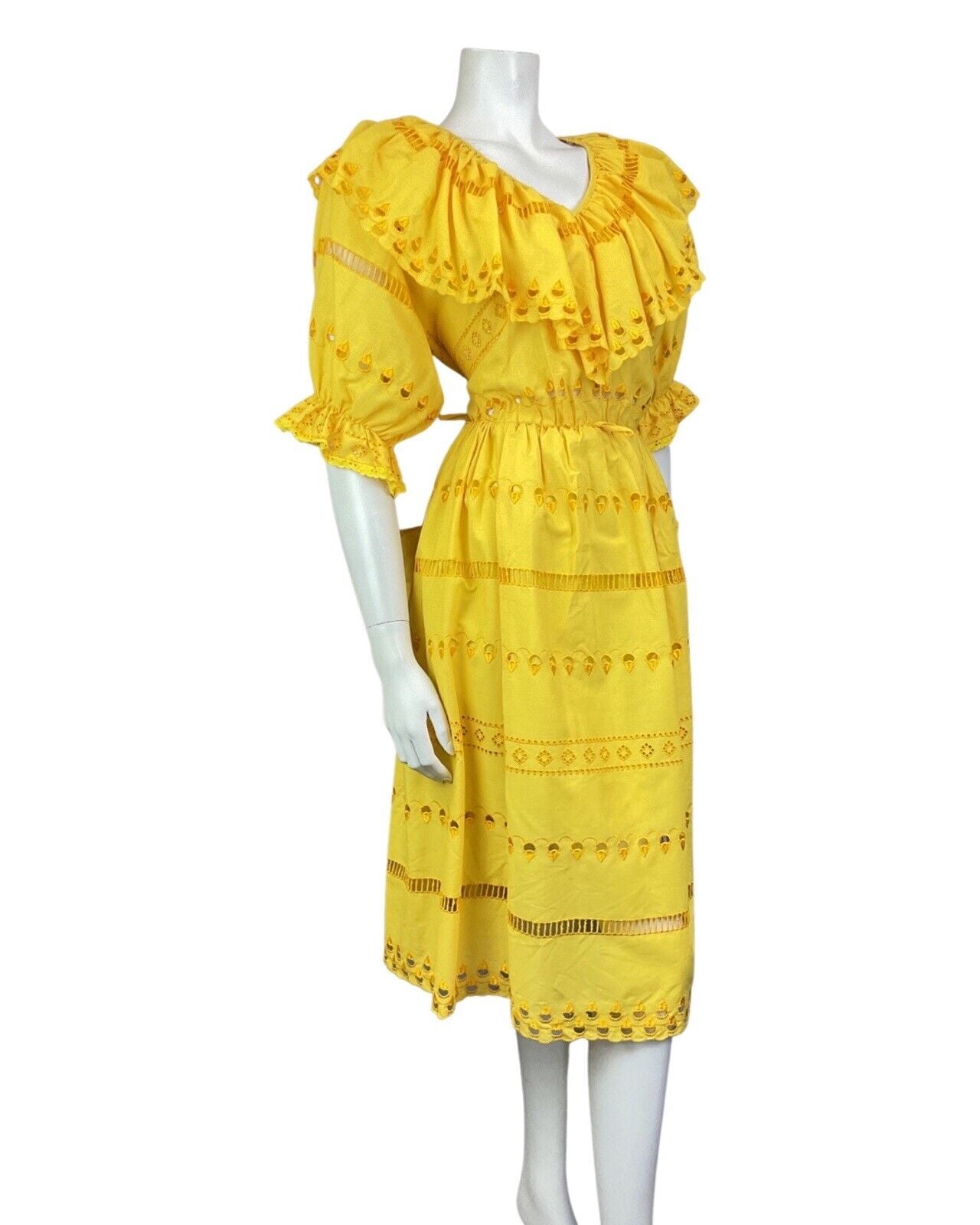 VINTAGE 70s SUNSHINE YELLOW EMBROIDERED CUT-WORK RUFFLED PRAIRIE DRESS 8 10