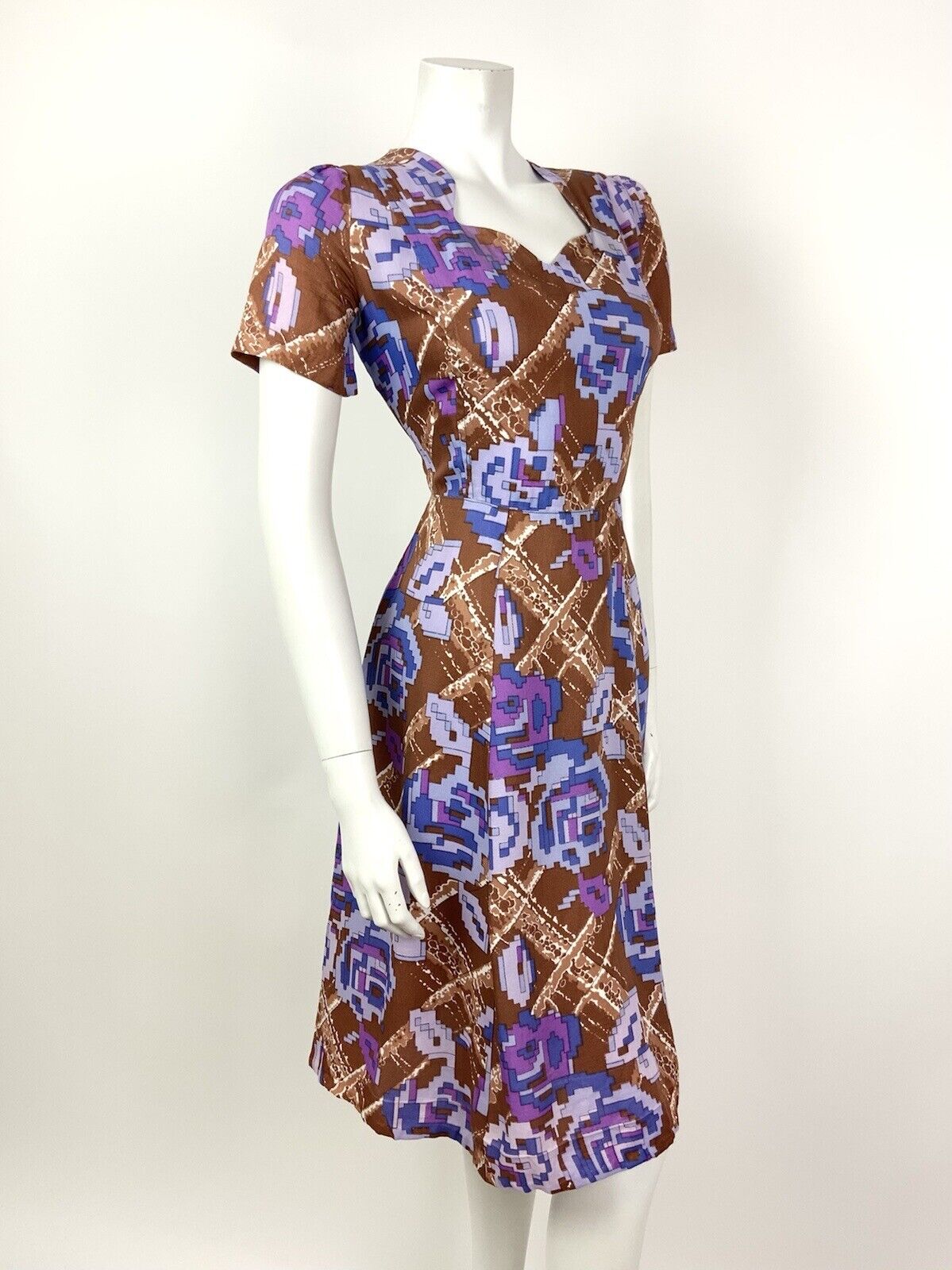 VINTAGE 60s 70s BROWN BLUE PURPLE CHECKED PIXEL FLORAL PSYCHEDELIC DRESS 12 14