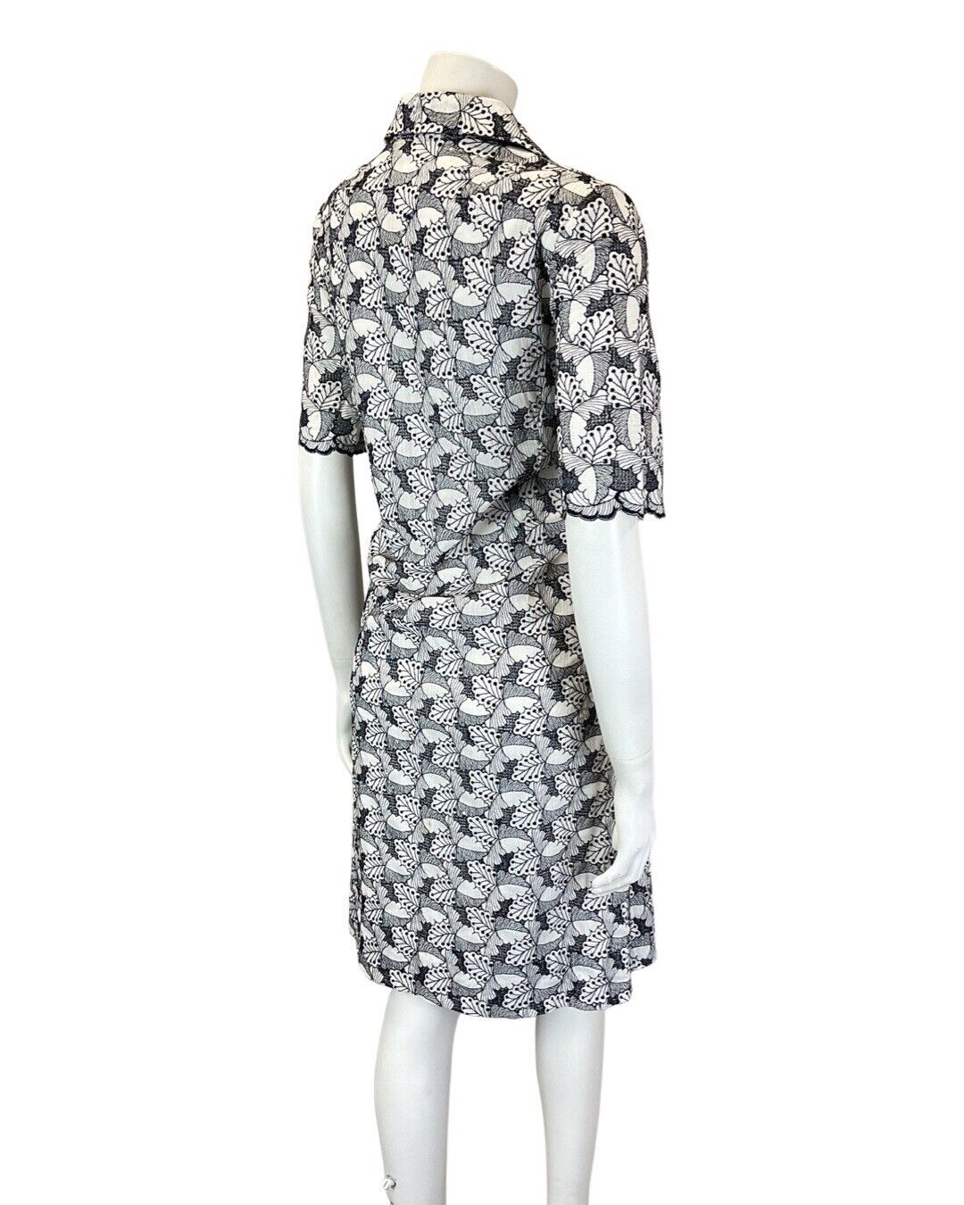 VINTAGE 60s 70s BLACK WHITE EMBROIDERED LEAFY FLORAL MOD SHIRT DRESS 12 14