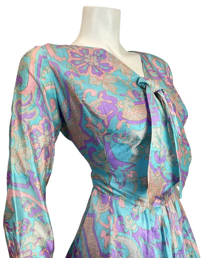 VINTAGE 60s 70s BLUE PURPLE GREY PSYCHEDELIC FLORAL SILK BOW SWING DRESS 12 14