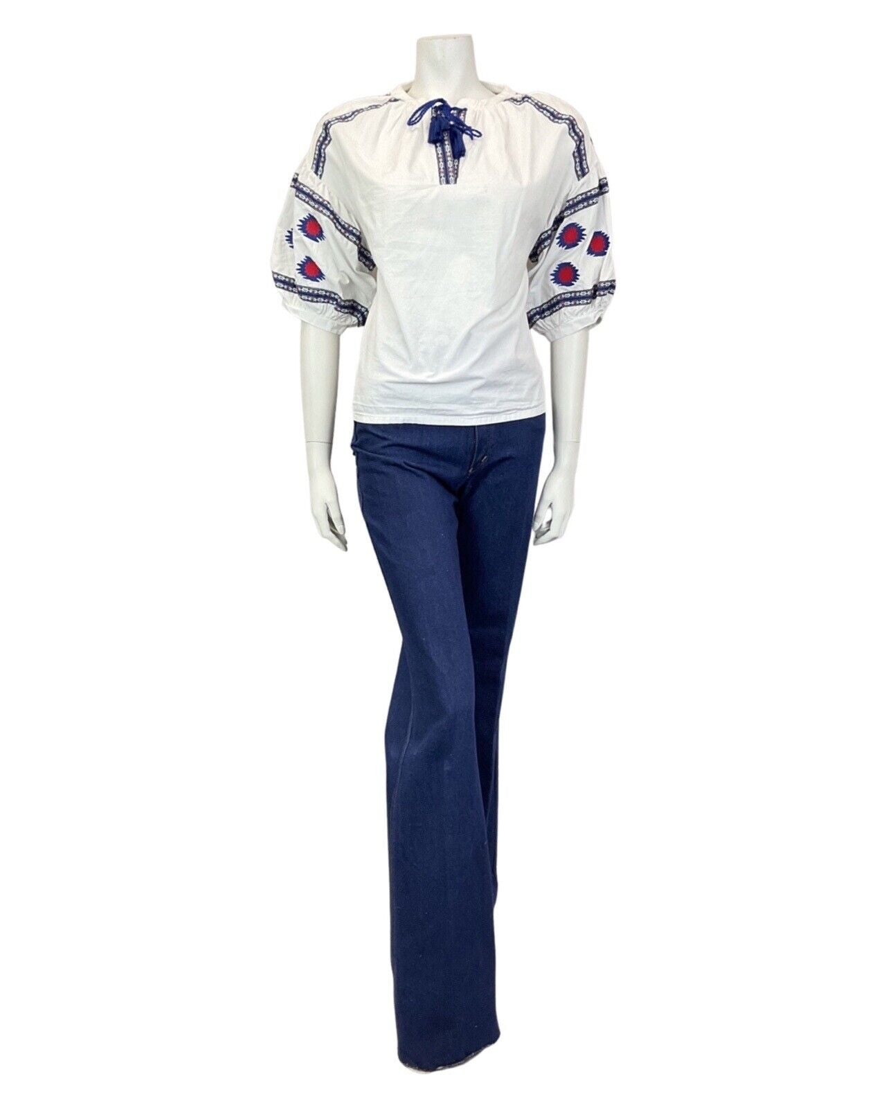 VINTAGE 70s STYLE WHITE BLUE RED EMBROIDERED BOHO FOLK BLOUSE 14