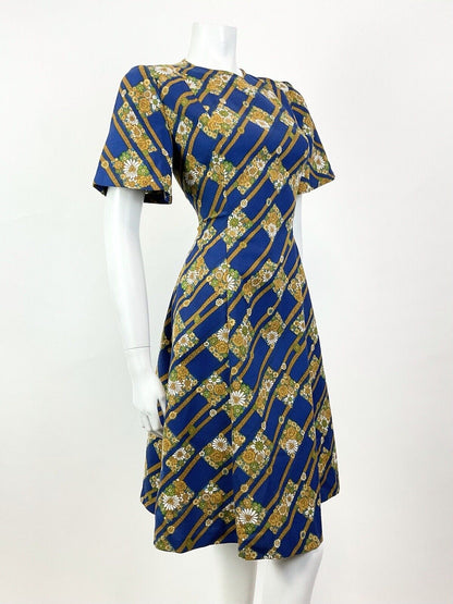 VTG 60s 70s BLUE GOLD BROWN GEOMETRIC DITSY FLORAL MOD SKATER SWING DRESS 8 10