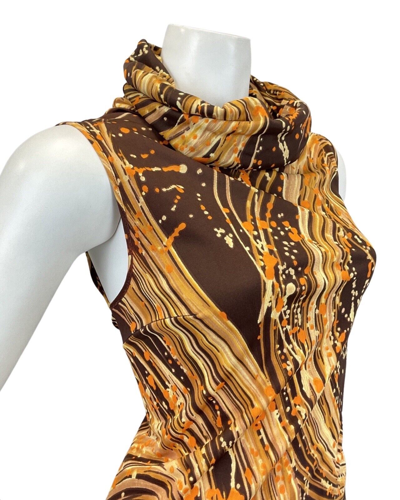 VINTAGE 60s 70s BROWN GOLD CREAM PSYCHEDELIC SWIRL COWL-NECK MAXI DRESS 8 10
