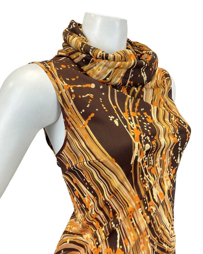 VINTAGE 60s 70s BROWN GOLD CREAM PSYCHEDELIC SWIRL COWL-NECK MAXI DRESS 8 10
