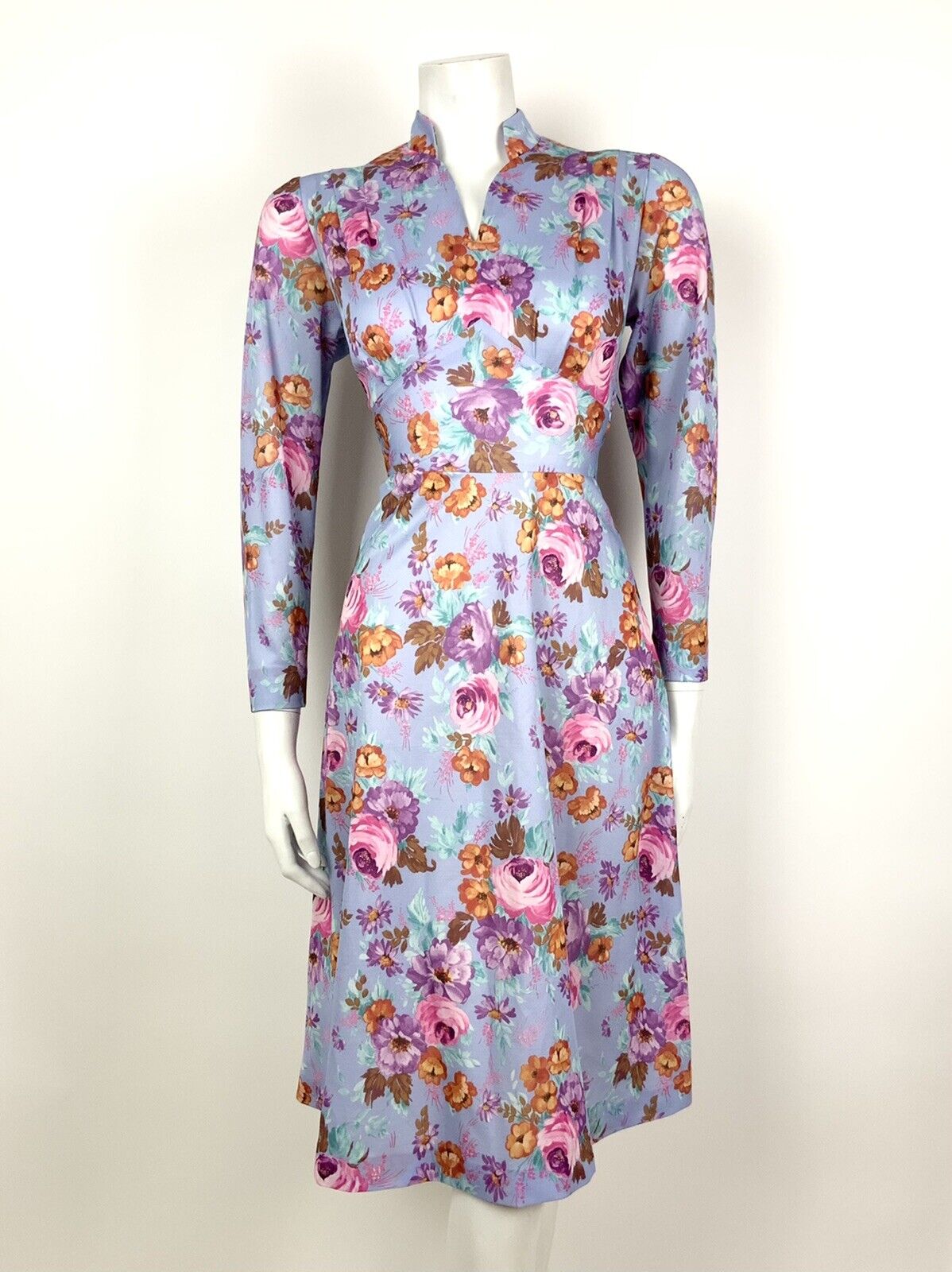 VINTAGE 60s 70s LILAC PINK BLUE ORANGE FLORAL MANDARIN COLLAR SWING DRESS 10 12