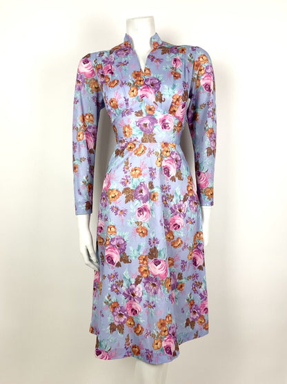 VINTAGE 60s 70s LILAC PINK BLUE ORANGE FLORAL MANDARIN COLLAR SWING DRESS 10 12
