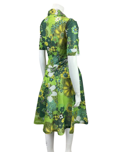 VTG 60s 70s GREEN LIME FOREST FLORAL PSYCHEDELIC DROP WAIST SHIRT DRESS 12 14