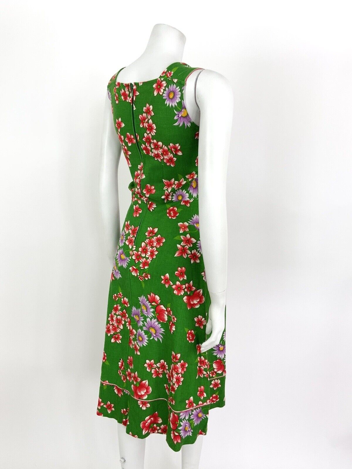 VINTAGE 60s 70s GREEN PURPLE RED HAWAIIAN FLORAL COTTON SUMMER DRESS 4 6