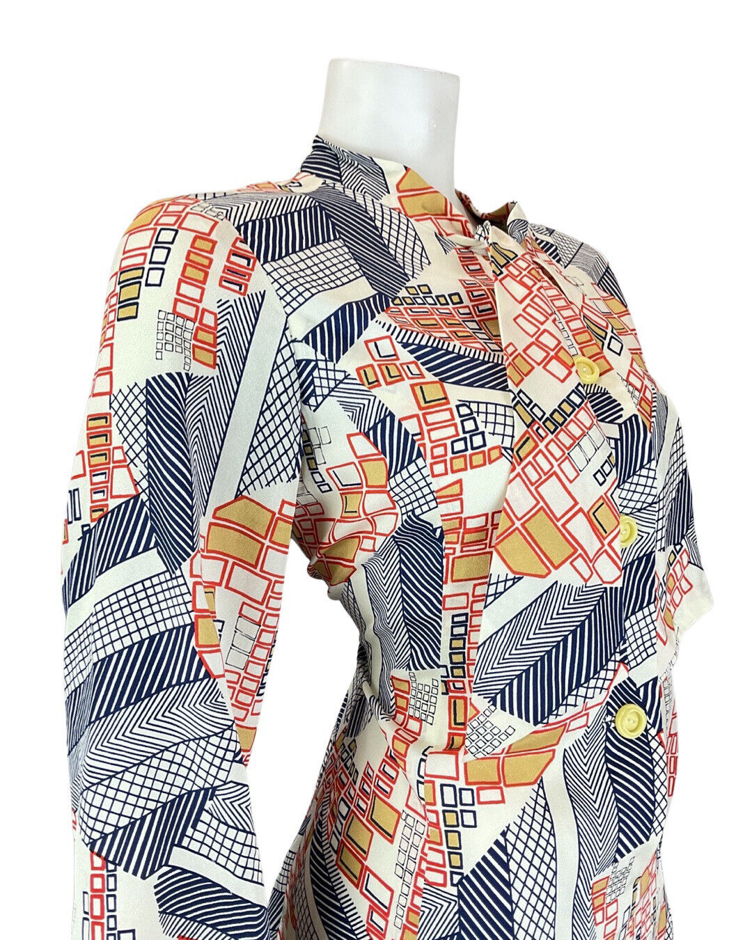 VINTAGE 60s 70s WHITE BLUE RED GEOMETRIC SQUARE PUSSYBOW SHIRT DRESS 12 14