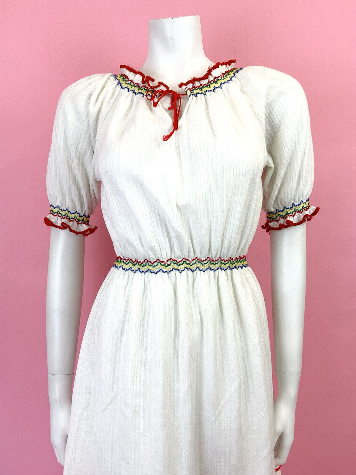 VINTAGE 60s 70s WHITE RED BLUE GREEN RUFFLE PRAIRIE BOHO DRESS 8 10