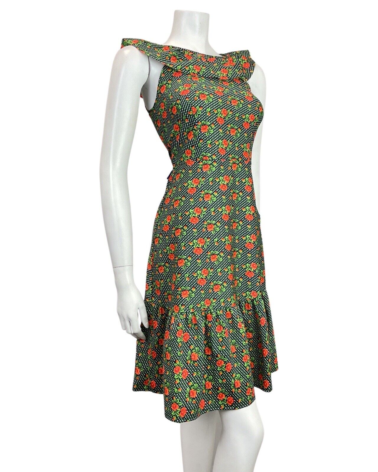 VINTAGE 60s 70s BLUE GREEN ORANGE POLKA-DOT FLORAL ROSE RUFFLE SUMMER DRESS 4