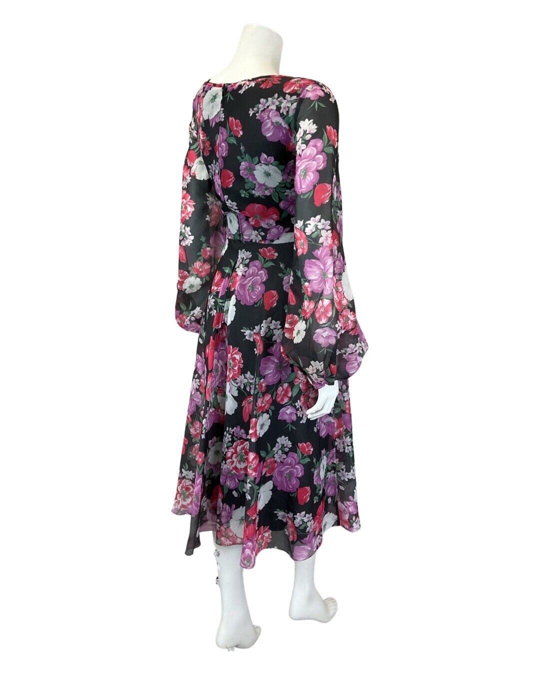 VINTAGE 60s 70s BLACK PINK PURPLE FLORAL SHEER FLOATY MIDI SWING DRESS 10