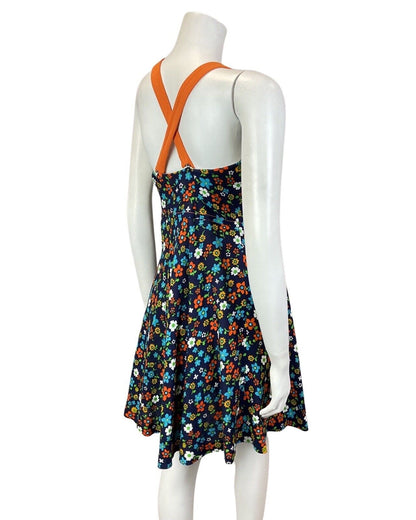 VINTAGE 60s BLUE ORANGE GREEN FLORAL DAISY DITSY MOD HALTER SUMMER DRESS 4 6