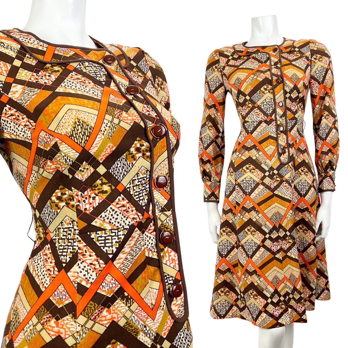 VINTAGE 60s 70s BROWN CREAM ORANGE GEOMETRIC PSYCHEDELIC MOD LONGSLEEVE DRESS 8