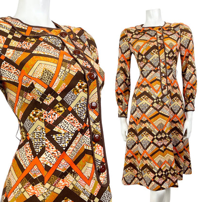 VINTAGE 60s 70s BROWN CREAM ORANGE GEOMETRIC PSYCHEDELIC MOD LONGSLEEVE DRESS 8