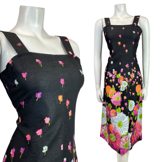VINTAGE 60s 70s BLACK PINK GREEN FLORAL GERBERA SLEEVELESS SUMMER DRESS 8