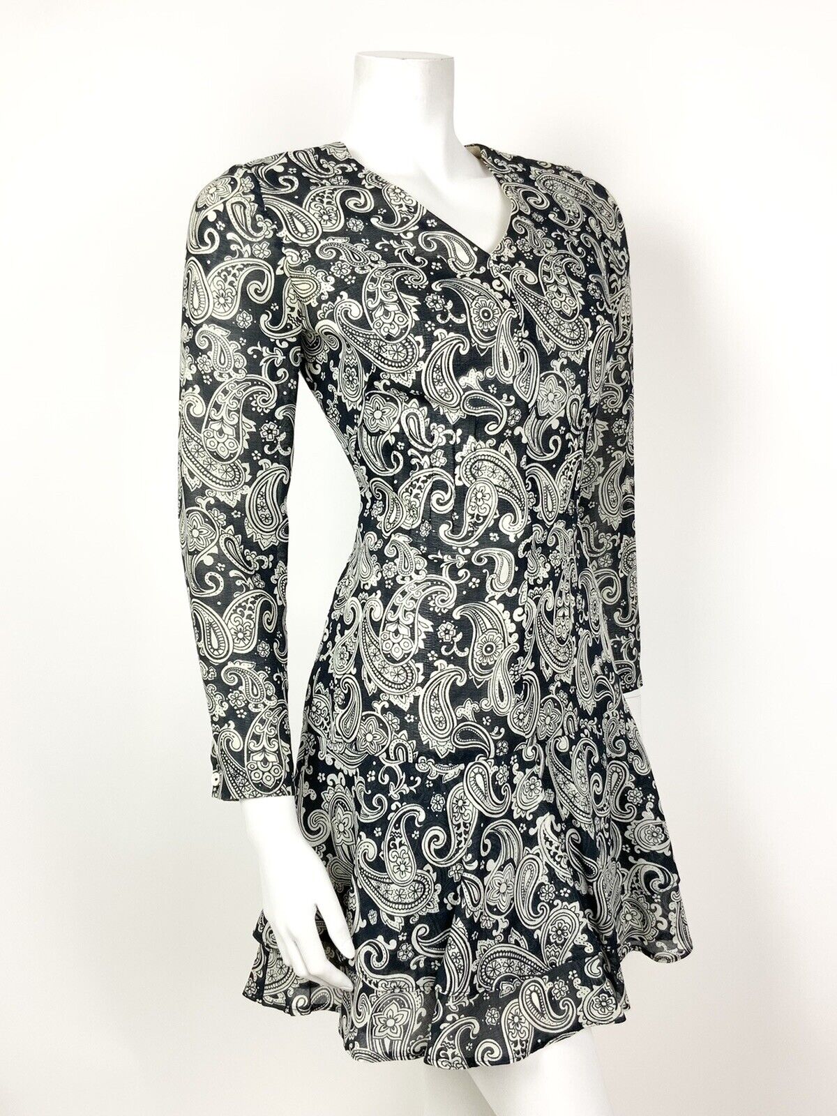 VINTAGE 60s 70s BLUE WHITE PAISLEY FLORAL PSYCHEDELIC RUFFLE DRESS 8 10