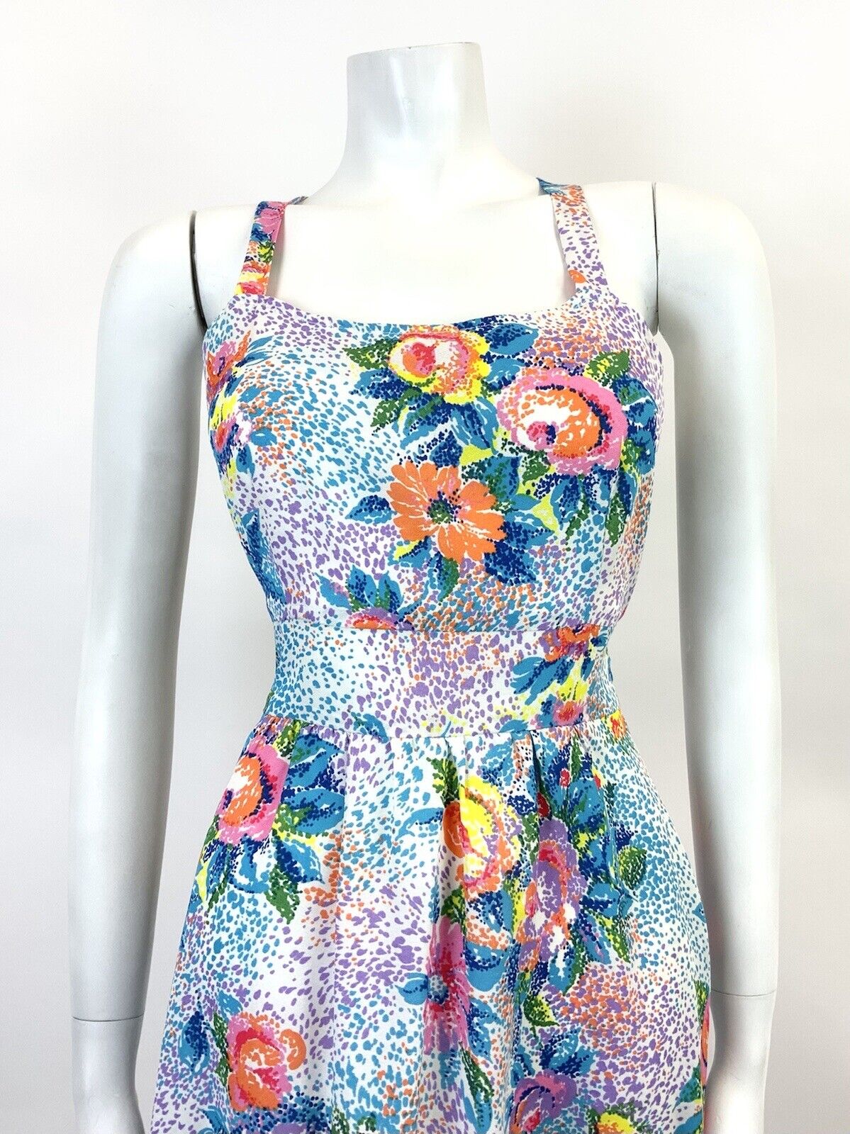 VTG 60s 70s WHITE BLUE PINK PURPLE FLORAL POINTILLISM PSYCHEDELIC SUN DRESS 8 10