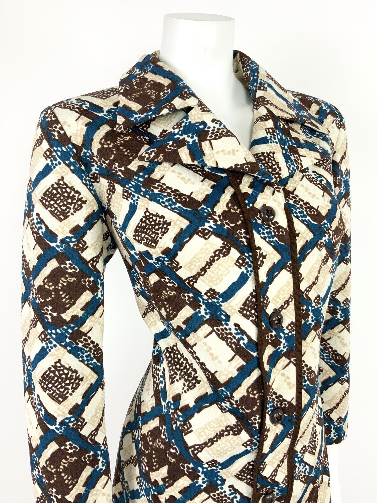 VINTAGE 60s 70s WHITE BROWN BLUE BEIGE GEOMETRIC PLAID SHIRT DRESS 14 16