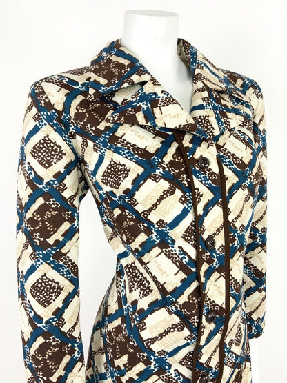 VINTAGE 60s 70s WHITE BROWN BLUE BEIGE GEOMETRIC PLAID SHIRT DRESS 14 16