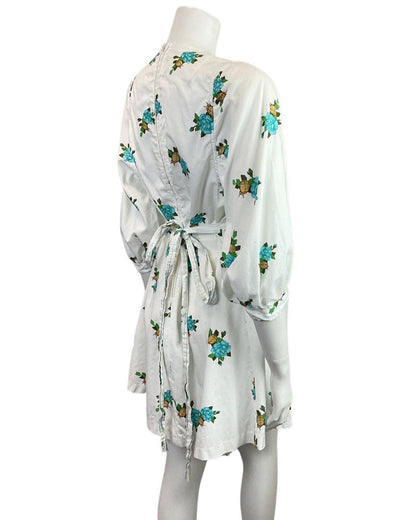 VINTAGE 60s 70s WHITE BLUE GOLD ROSE BEETLE WRAP PUFF SLEEVE MOD SWING DRESS 10