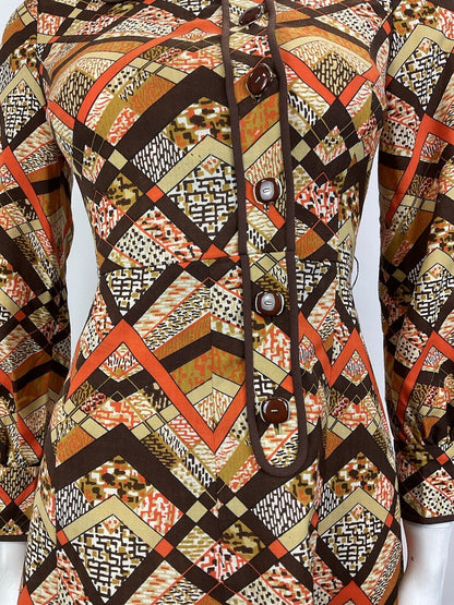 VINTAGE 60s 70s BROWN CREAM ORANGE GEOMETRIC PSYCHEDELIC MOD LONGSLEEVE DRESS 8