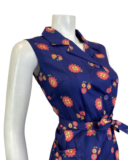 VINTAGE 60s 70s NAVY BLUE PINK ORANGE FLOWER DAISY MOD BELTED SHIRT DRESS 10 12