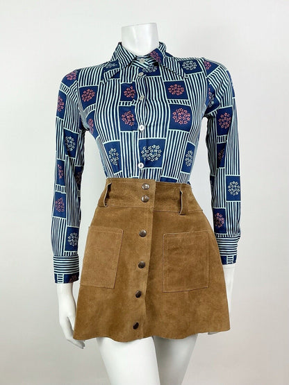 VINTAGE 60s 70s BLUE PINK STRIPED FLORAL BLOSSOM DAGGER SHIRT BLOUSE 8 10