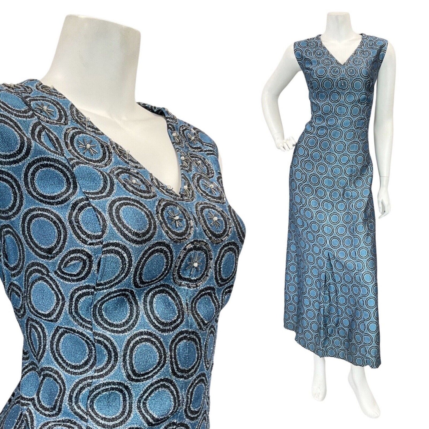 VINTAGE 60s 70s BLUE BLACK SILVER GEOMETRIC LUREX GLITTER MAXI GOWN DRESS 14 16
