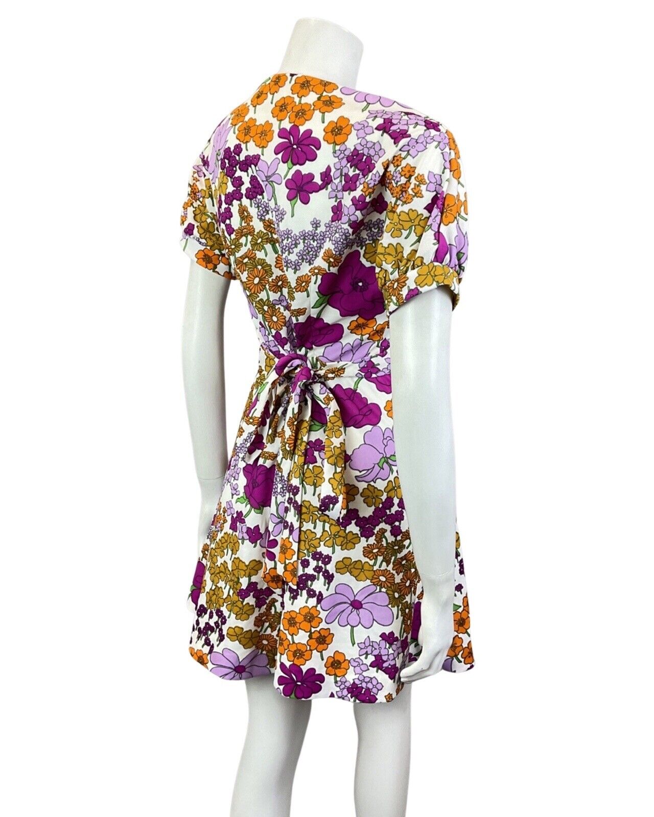 VINTAGE 60s 70s PURPLE WHITE YELLOW FLORAL MOD SHORT SWING DRESS 8 10
