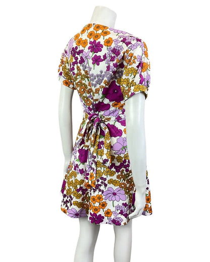 VINTAGE 60s 70s PURPLE WHITE YELLOW FLORAL MOD SHORT SWING DRESS 8 10