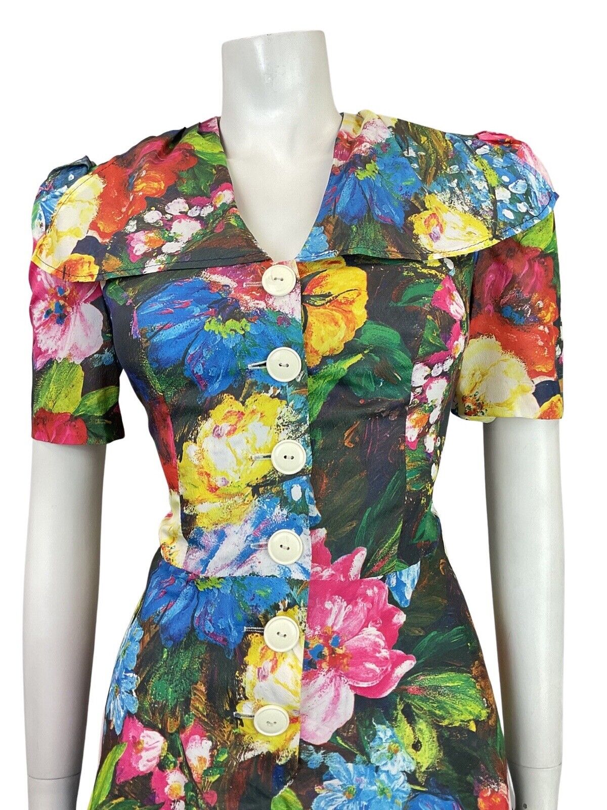 VINTAGE 60s 70s BLUE PINK YELLOW GREEN FLORAL PSYCHEDELIC WING SHIRT DRESS 8 10