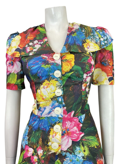 VINTAGE 60s 70s BLUE PINK YELLOW GREEN FLORAL PSYCHEDELIC WING SHIRT DRESS 8 10