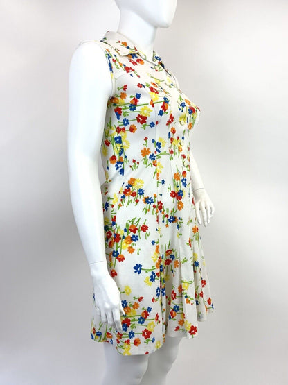 VINTAGE 60s 70s WHITE RED BLUE GREEN FLORAL MOD SLEEVELESS DAGGER SHIRT DRESS 16