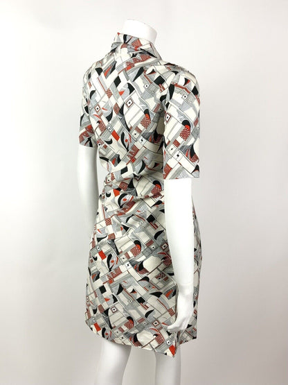 VINTAGE 60s 70s WHITE BLACK RED STRIPE GEOMETRIC CHECKED MOD SHIRT DRESS 12