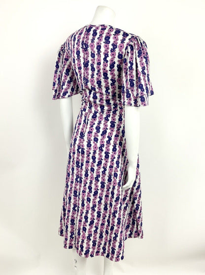 VINTAGE 60s 70s WHITE PINK PURPLE FLORAL STRIPED FLUTTER SLEEVE SWING DRESS 14