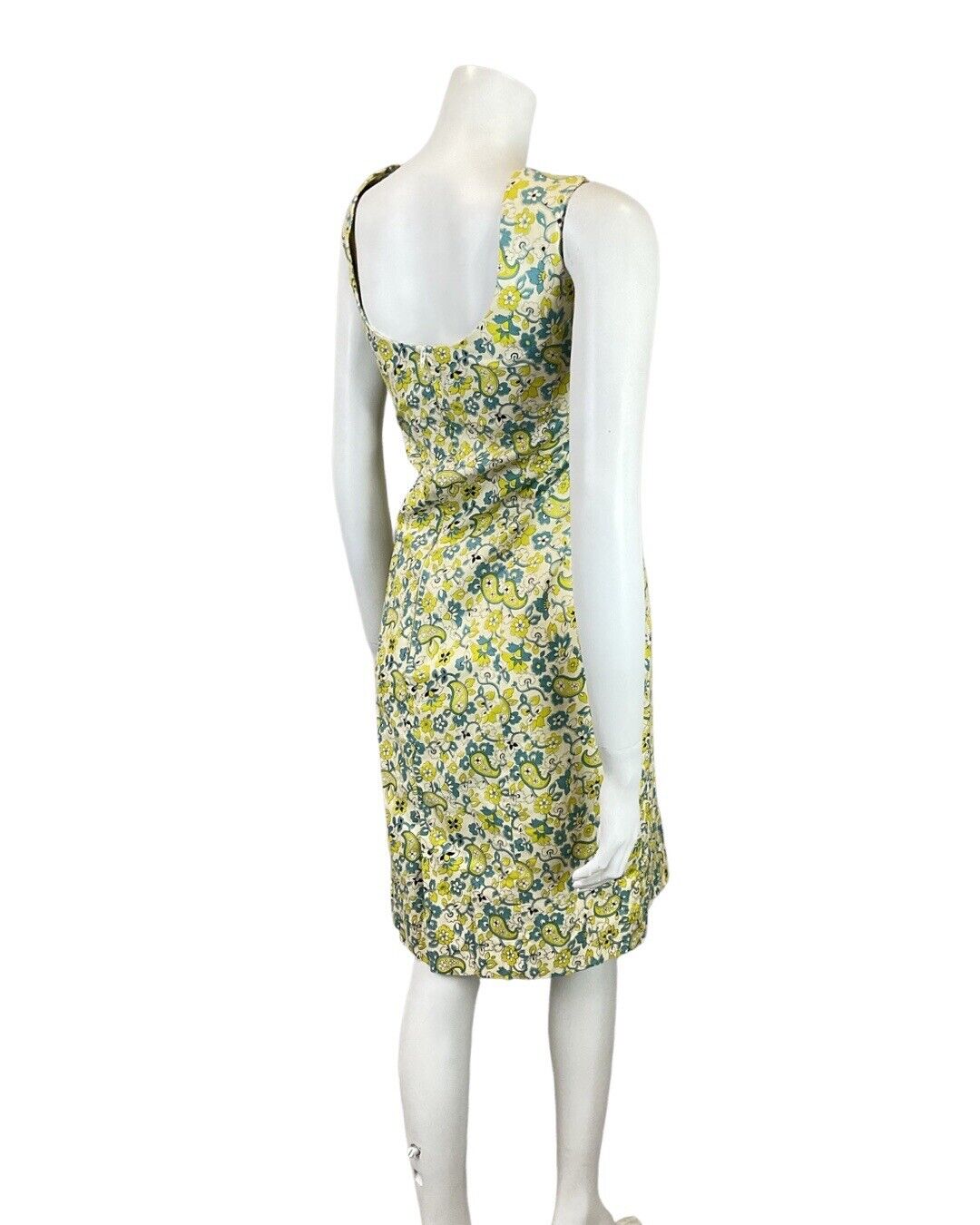 VINTAGE 60s 70s YELLOW BLUE WHITE PSYCHEDELIC FLORAL PAISLEY SLEEVELESS DRESS 14