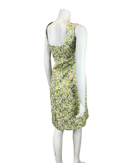 VINTAGE 60s 70s YELLOW BLUE WHITE PSYCHEDELIC FLORAL PAISLEY SLEEVELESS DRESS 14
