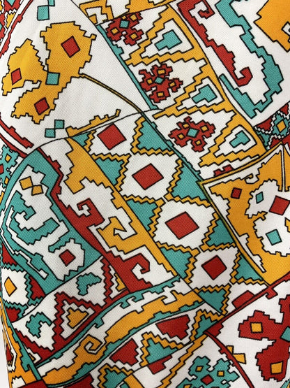 VINTAGE 60s 70s WHITE BLUE RED YELLOW GEOMETRIC AZTEC DAGGER SHIRT DRESS 12 14