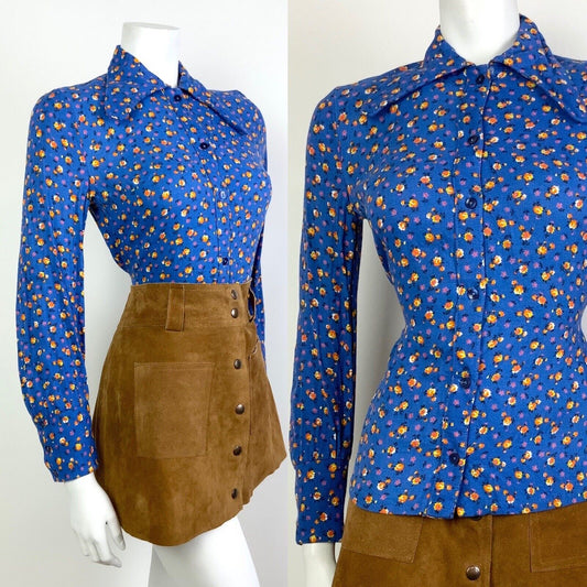 VTG 60s 70s BLUE ORANGE FLORAL DITSY DOG EAR BEAGLE COLLAR MOD SHIRT BLOUSE 8 10