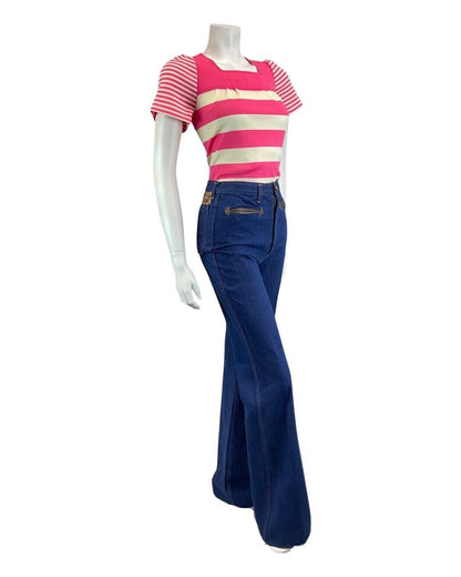VINTAGE 60s 70s PINK CREAM STRIPED MOD PEGGY LANE SHORT SLEEVE BLOUSE TOP 8
