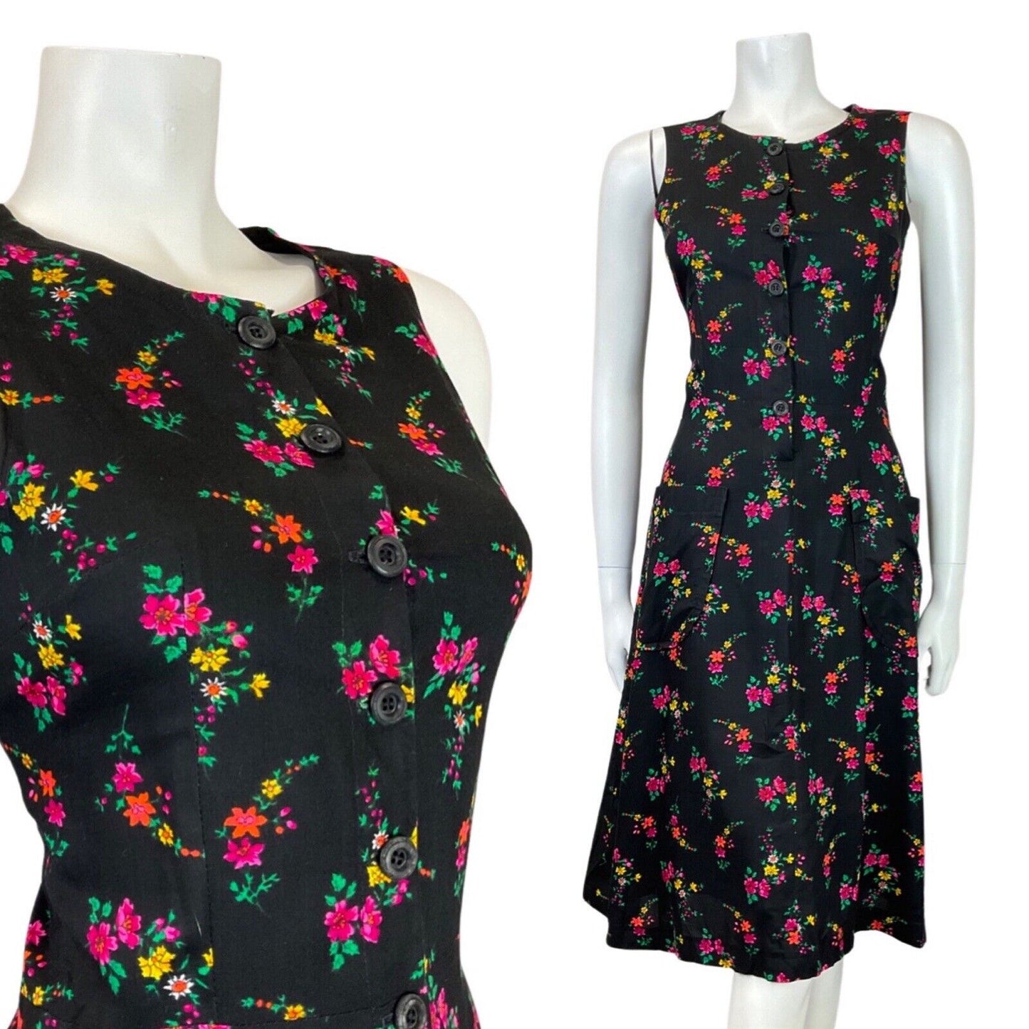 VINTAGE 60s 70s BLACK PINK GREEN DITSY FLORAL SLEEVELESS SUMMER DRESS 10