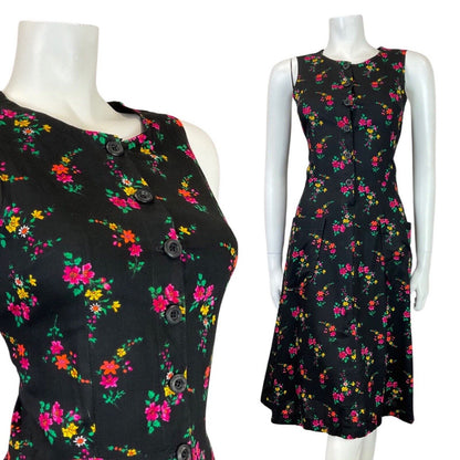 VINTAGE 60s 70s BLACK PINK GREEN DITSY FLORAL SLEEVELESS SUMMER DRESS 10