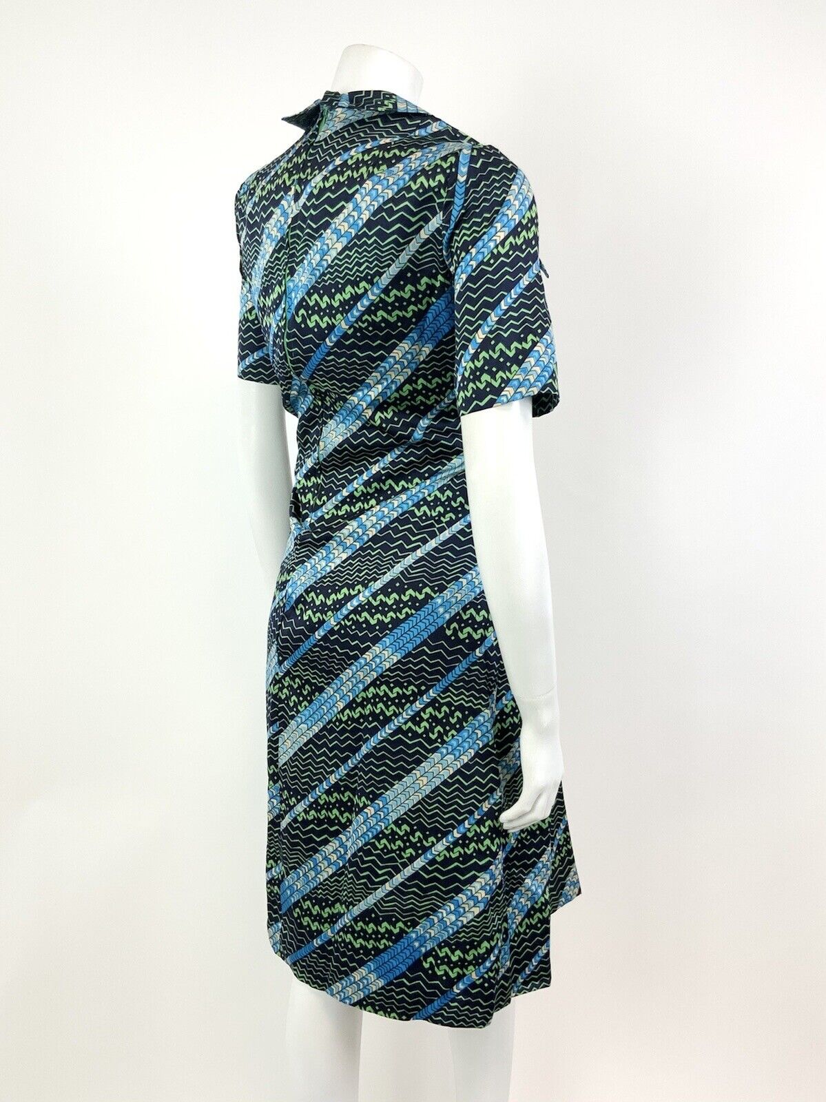 VTG 60s 70s BLUE GREEN WHITE STRIPED ZIG ZAG PSYCHEDELIC WING SHIRT DRESS 14 16