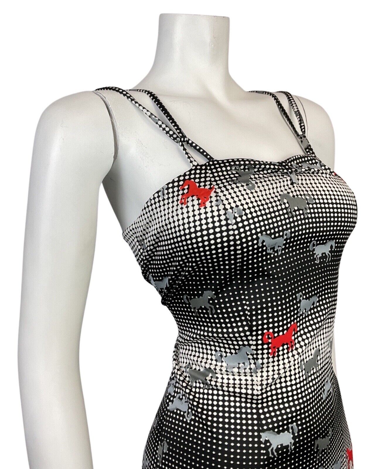 VINTAGE 60s STYLE 90s BLACK WHITE RED HALFTONE DOTTY HORSE STRAPPY SUN DRESS 8