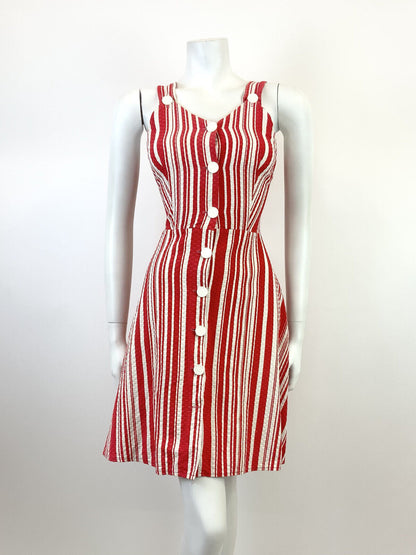 VINTAGE 60s 70s RED WHITE CANDY STRIPED SWEETHEART SLEEVELESS MOD SUN DRESS 8 10