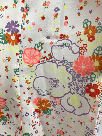 VINTAGE 60s 70s WHITE ORANGE PINK GREEN FLORAL DITSY EMPIRE LINE SUMMER DRESS 10