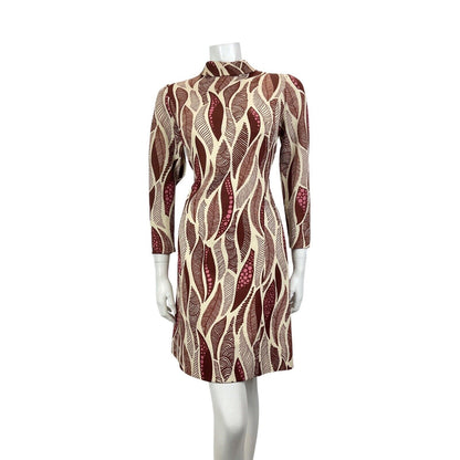 VINTAGE 60s 70s CREAM BROWN PINK PSYCHEDELIC FEATHER TURTLENECK MOD DRESS 10 12