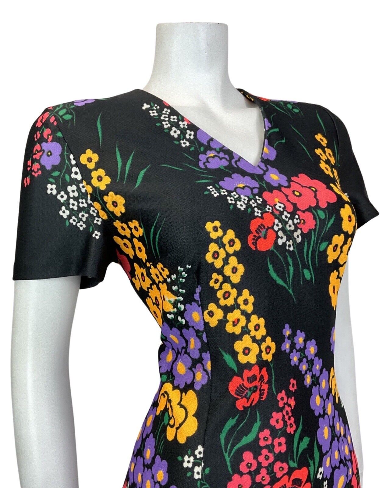 VINTAGE 60s 70s BLACK YELLOW LILAC FLORAL POPPY MOD SHORT SLEEVE DRESS 12 14