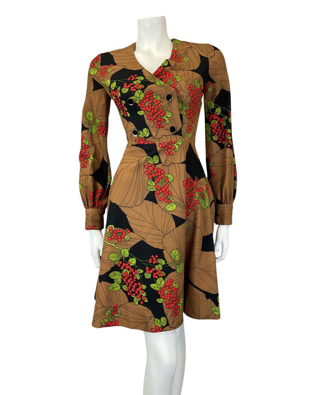 VINTAGE 60s 70s BROWN BLACK RED LEAFY BERRY MOD FIT & FLARE SHORT DRESS 6 8